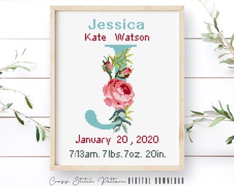 Birth Announcement Cross Stitch Pattern, Boy, Girl Nursery Decor, Personalized Gift, Modern Counted Cross Stitch Sampler, Digital Download