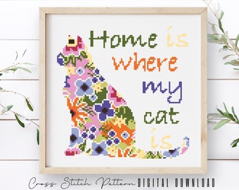 Home Is Where My Cat Is Cross Stitch Pattern, Modern Cat Silhouette Counted Cross Stitch Sampler, Floral Cat Embroidery, Instant Download