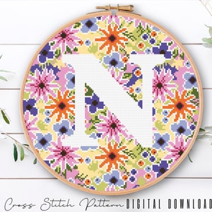 Letter N, Cross Stitch Alphabet Pattern, Modern Monogram, Counted Cross Stitch Sampler, Initial Embroidery, Hoop Art, Digital Download PDF