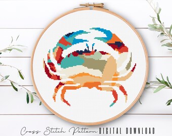 カニのクロスステッチパターン PDF | ダウンロード可能なモダンな刺繍
