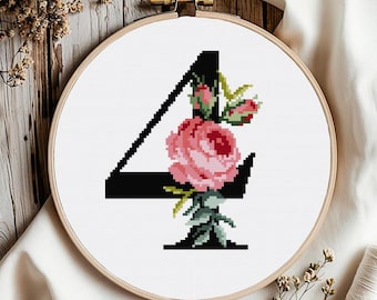 Floral Number 4 Cross Stitch Pattern: Flower Monogram (Digital Download PDF)