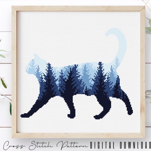 Motif de point de croix de chat, Animal Silhouette compté échantillonneur de point de croix, point de croix de paysage moderne, broderie de chat, téléchargement numérique