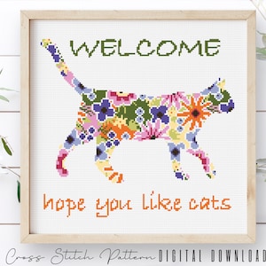 Hope You Like Cats Cross Stitch Pattern, Modern Cat Silhouette Counted Cross Stitch Sampler, Floral Cat Embroidery DIY, Instant Download PDF