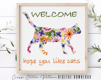 Hope You Like Cats Cross Stitch Pattern, Modern Cat Silhouette Counted Cross Stitch Sampler, Floral Cat Embroidery DIY, Instant Download PDF