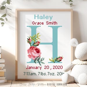 Patrón de punto de cruz para anuncio de nacimiento, decoración de guardería con la letra H, muestrario de registro de nacimiento personalizado para punto de cruz, regalo para bebé, descarga digital en PDF