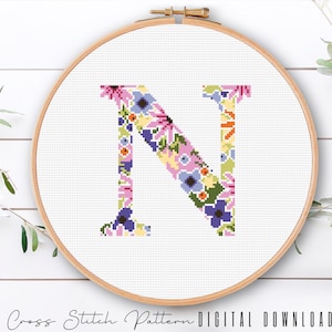 Letter N, Cross Stitch Alphabet Pattern, Modern Monogram, Counted Cross Stitch Sampler, Initial Embroidery, Hoop Art, Digital Download PDF