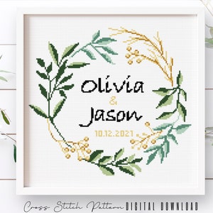 Wedding Cross Stitch Pattern: Personalized Floral Wreath (Digital Download PDF)