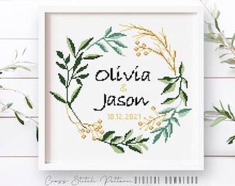 Wedding Cross Stitch Pattern: Personalized Floral Wreath (Digital Download PDF)