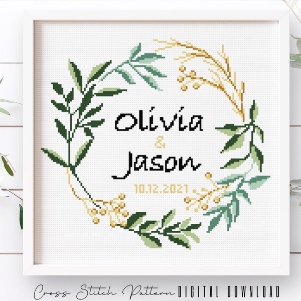 Wedding Modern Cross Stitch Pattern, Personalized Counted Cross Stitch, Wedding Anniversary Sampler, Engagement Gift, Digital Download PDF