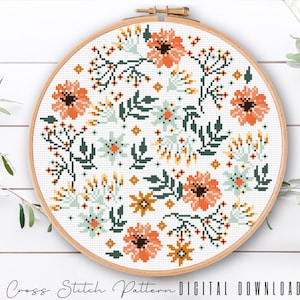 Modern Floral Cross Stitch Pattern, Cross Stitch Leaves, Flower Embroidery, Easy Counted Cross Stitch Sampler, Hoop Art, Digital Download