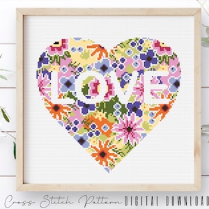Floral Heart Cross Stitch Pattern: Valentine Embroidery (Digital Download PDF)