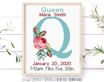 Birth Announcement Cross Stitch Pattern, Boy, Girl Nursery Decor, Personalized Gift, Modern Counted Cross Stitch Sampler, Digital Download