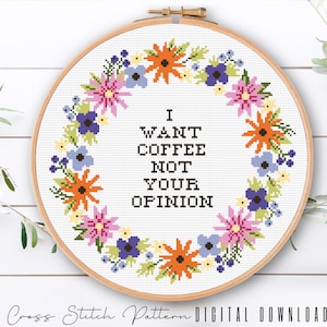 Funny Coffee Cross Stitch Pattern: Subversive Floral Embroidery (Digital Download PDF)