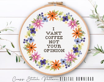 Funny Coffee Cross Stitch Pattern: Subversive Floral Embroidery (Digital Download PDF)