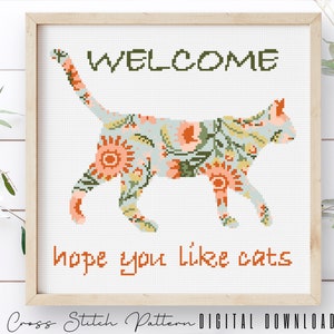 Hope You Like Cats Cross Stitch Pattern, Modern Cat Silhouette Counted Cross Stitch Sampler, Floral Cat Embroidery DIY, Instant Download PDF