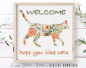 Hope You Like Cats Cross Stitch Pattern, Modern Cat Silhouette Counted Cross Stitch Sampler, Floral Cat Embroidery DIY, Instant Download PDF