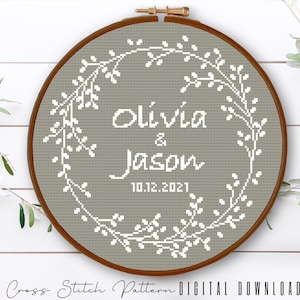 Wedding Modern Cross Stitch Pattern, Personalized Counted Cross Stitch, Wedding Anniversary Sampler, Engagement Gift, Digital Download PDF image 2