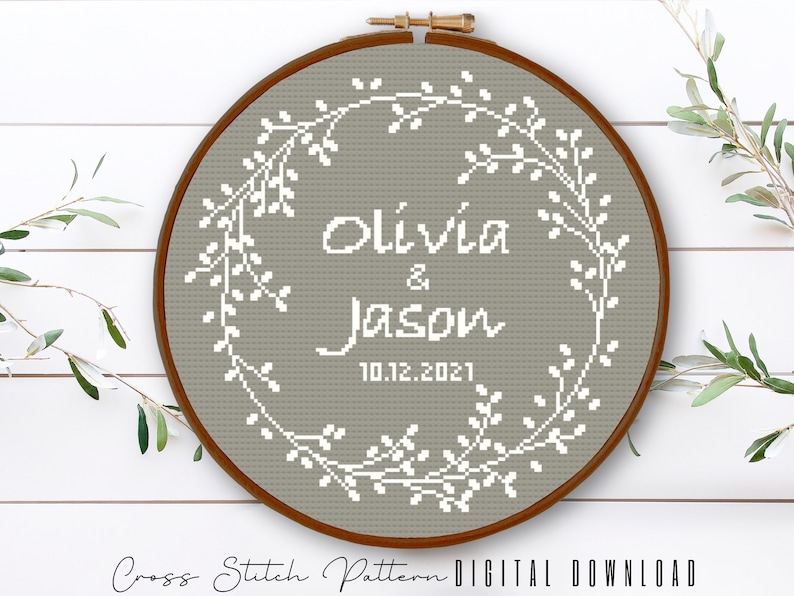 Wedding Modern Cross Stitch Pattern, Personalized Counted Cross Stitch, Wedding Anniversary Sampler, Engagement Gift, Digital Download PDF image 2