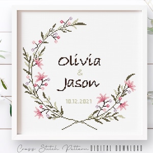 Wedding Cross Stitch Pattern: Personalized Floral Anniversary Sampler (Digital Download PDF)