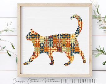 Cat Cross Stitch Pattern, Animal Silhouette Counted Cross Stitch Sampler, Modern Geometric Cross Stitch, Embroidery Cat, Digital Download