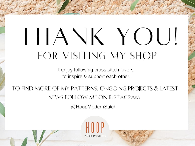 K&ouml;nnte beinhalten: Vielen Dank f&uuml;r Ihren Besuch! Ich genie&szlig;e es, Cross-Stitch-Liebhabern zu folgen, um sich gegenseitig zu inspirieren und zu unterst&uuml;tzen. Um mehr meiner Muster, laufenden Projekte und neuesten Nachrichten zu finden, folgen Sie mir auf Instagram @HoopModernStitch. HOOP MODERN STITCH