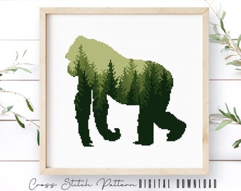 Gorilla Cross Stitch Pattern, Tropical Animal Counted Cross Stitch Sampler, Modern Embroidery Pattern, Home Decor, Digital Download PDF