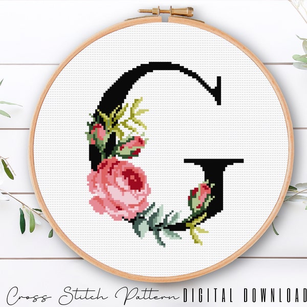 Floral Letter G, Cross Stitch Alphabet Pattern, Monogram With Flower, Counted Cross Stitch Sampler, Initial Embroidery, Digital Download PDF