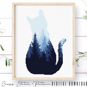 Kat kruissteekpatroon, dierensilhouet geteld kruissteekmonster, modern landschap kruissteek, kattenborduurwerk, digitale download