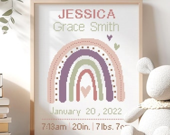 Rainbow Birth Announcement Cross Stitch Pattern: Modern Nursery Decor (Digital Download)