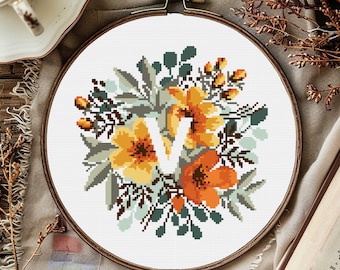 Floral Letter V Cross Stitch Pattern: Alphabet Monogram (Digital Download PDF)