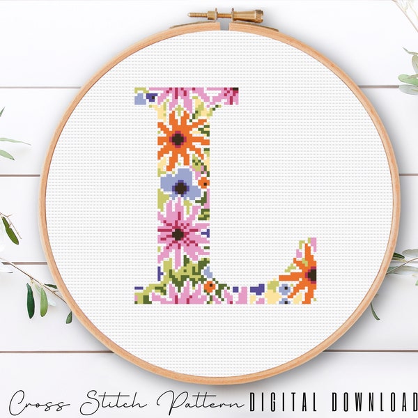 Letter L, Cross Stitch Alphabet Pattern, Modern Monogram, Counted Cross Stitch Sampler, Initial Embroidery, Hoop Art, Digital Download PDF