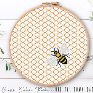 Bee Cross Stitch Pattern, Animal Counted Cross Stitch Sampler, Modern Bee Embroidery Pattern, Hoop Art, Digital Download PDF image 1