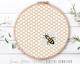 Bee Cross Stitch Pattern, Animal Counted Cross Stitch Sampler, Modern Bee Embroidery Pattern, Hoop Art, Digital Download PDF