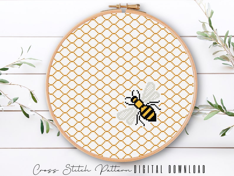 Bee Cross Stitch Pattern, Animal Counted Cross Stitch Sampler, Modern Bee Embroidery Pattern, Hoop Art, Digital Download PDF image 1