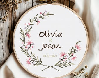 Wedding Cross Stitch Pattern: Personalized Floral Anniversary Sampler (Digital Download PDF)