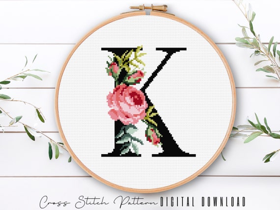 Floral Letter K Cross Stitch Pattern: Alphabet Monogram (digital