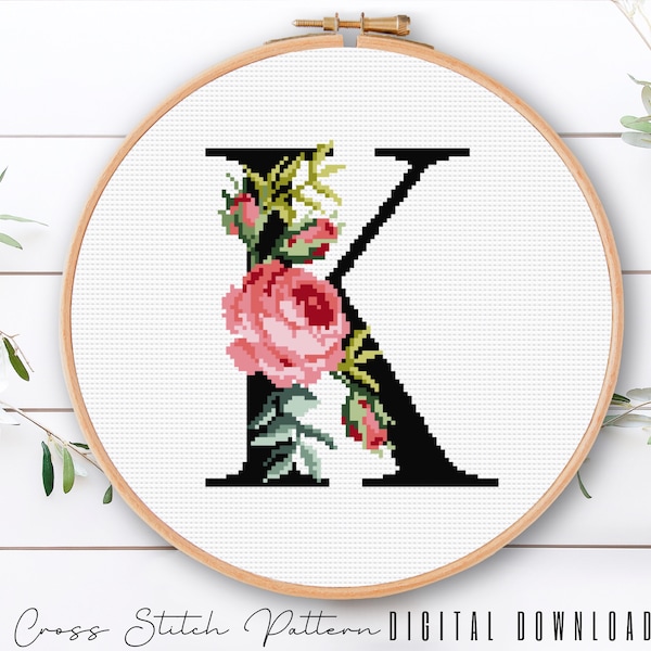 Floral Letter K, Cross Stitch Alphabet Pattern, Monogram With Flower, Counted Cross Stitch Sampler, Initial Embroidery, Digital Download PDF