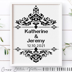 Wedding Modern Cross Stitch Pattern, Personalized Counted Cross Stitch, Wedding Anniversary Sampler, Engagement Gift, Digital Download PDF image 1