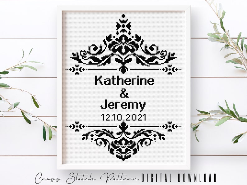 Wedding Modern Cross Stitch Pattern, Personalized Counted Cross Stitch, Wedding Anniversary Sampler, Engagement Gift, Digital Download PDF image 1