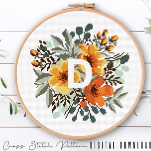 Letra floral D, padrão de alfabeto em ponto cruz, monograma com flor, amostrador de ponto cruz contado, bordado inicial, download digital PDF