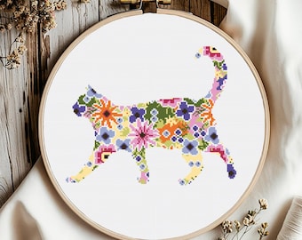 Floral Cat Cross Stitch Pattern: Animal Silhouette (Digital Download PDF)