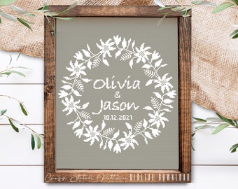 Wedding Modern Cross Stitch Pattern, Personalized Counted Cross Stitch, Wedding Anniversary Sampler, Engagement Gift, Digital Download PDF
