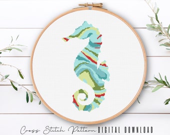 Modern Sea Life Cross Stitch Pattern, Seahorse Cross Stitch, Ocean Counted Cross Stitch Sampler, Beach Embroidery, Digital Download PDF