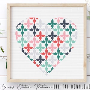 Heart Shape Cross Stitch Pattern, Valentine Counted Cross Stitch Sampler, Modern Floral Embroidery,  Love Hoop Art, Digital Download PDF