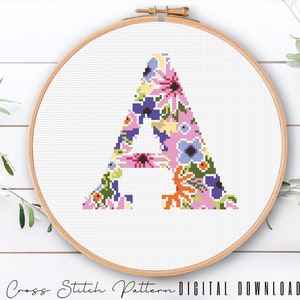 Letter A, Cross Stitch Alphabet Pattern, Modern Monogram, Counted Cross Stitch Sampler, Initial Embroidery, Hoop Art, Digital Download PDF