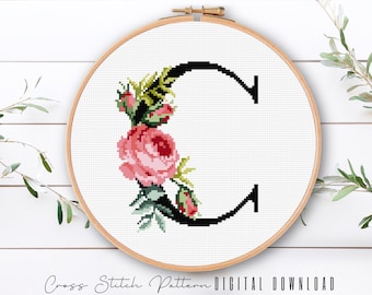 Floral Letter C Cross Stitch Pattern: Alphabet Monogram (Digital Download PDF)