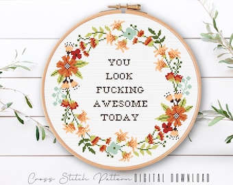 Funny Floral Cross Stitch Pattern: Sassy Feminist Embroidery (Digital Download PDF)