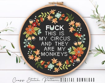 Wzór haftu krzyżykowego „Snarky Circus Monkeys”: Kwiatowa sztuka obręczy (do pobrania w wersji cyfrowej)