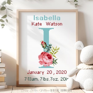 Patrón de punto de cruz para anuncio de nacimiento, decoración de guardería con la letra I, muestrario de registro de nacimiento personalizado para punto de cruz, regalo para bebé, descarga digital en PDF
