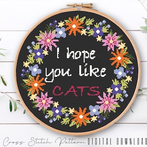 Funny Cross Stitch Pattern, Cat Lovers Counted Cross Stitch, Floral Cross Stitch, Funny Embroidery Pattern, Home Decor, Digital Download PDF